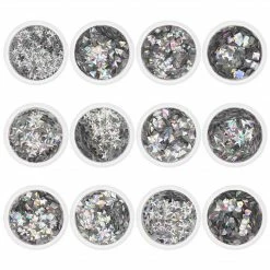 Hui Mei Sen Glitters Holographic Silver 3D Mixed Shape Glitter Set / 12 Jars