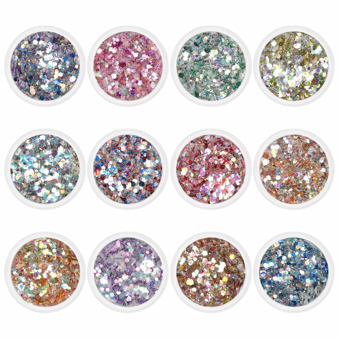 Hui Mei Sen Glitters Summer Nails Iridescent Holographic Pixel Hex Glitter Mix Set / 12 Jars 1 Hui Mei Sen Glitters Summer Nails Iridescent Holographic Pixel Hex Glitter Mix Set / 12 Jars