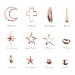 1688 Rose Gold Metal Stud Decors Mix Box Set / 12 Shapes Summer Nails